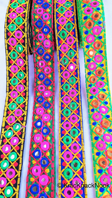 Green Cotton Fabric Mirrored Trim With Embroidery In Fuchsia Pink, Blue, Red & Yellow Threads